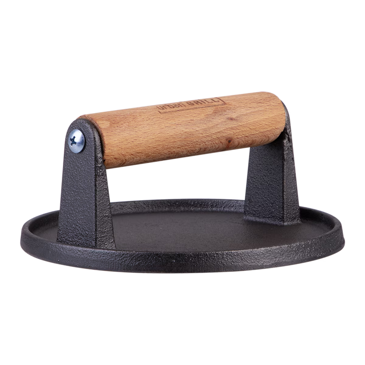 Black cat iron burger press tool with wooden handle on a white background