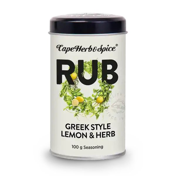 A black &amp; white tin of Cape Herb &amp; Spice greek style lemon &amp; herb seasoning