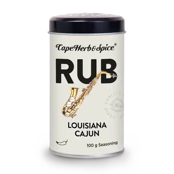 A cylindrical tin of CapeHerb&amp;Spice RUB Louisiana Cajun seasoning, featuring a white body, a black lid, and a gold saxophone illustration on the front label.