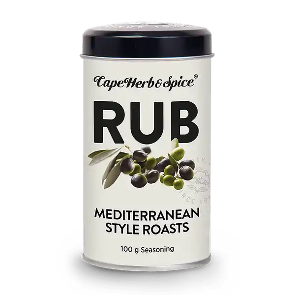 A cylindrical metal spice rub container labeled 'CapeHerbe & Spice RUB Mediterranean Style Roasts' with a black lid and white body, shown on a light gray background.