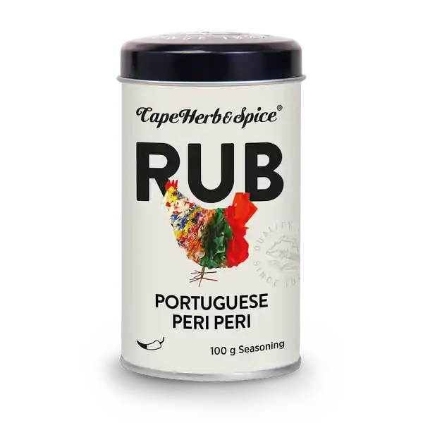 A black and white tin of Cape Herb &amp; Spice Peri Peri Seasoning