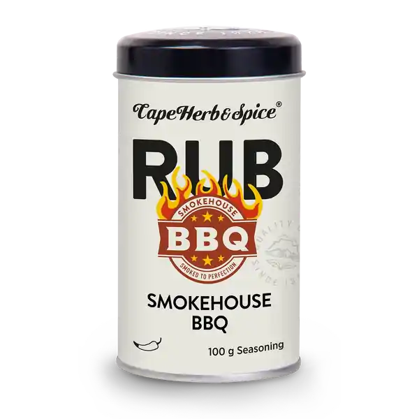 A black and white tin of Cape Herb &amp; Spice Smokehouse BBQ seasoning