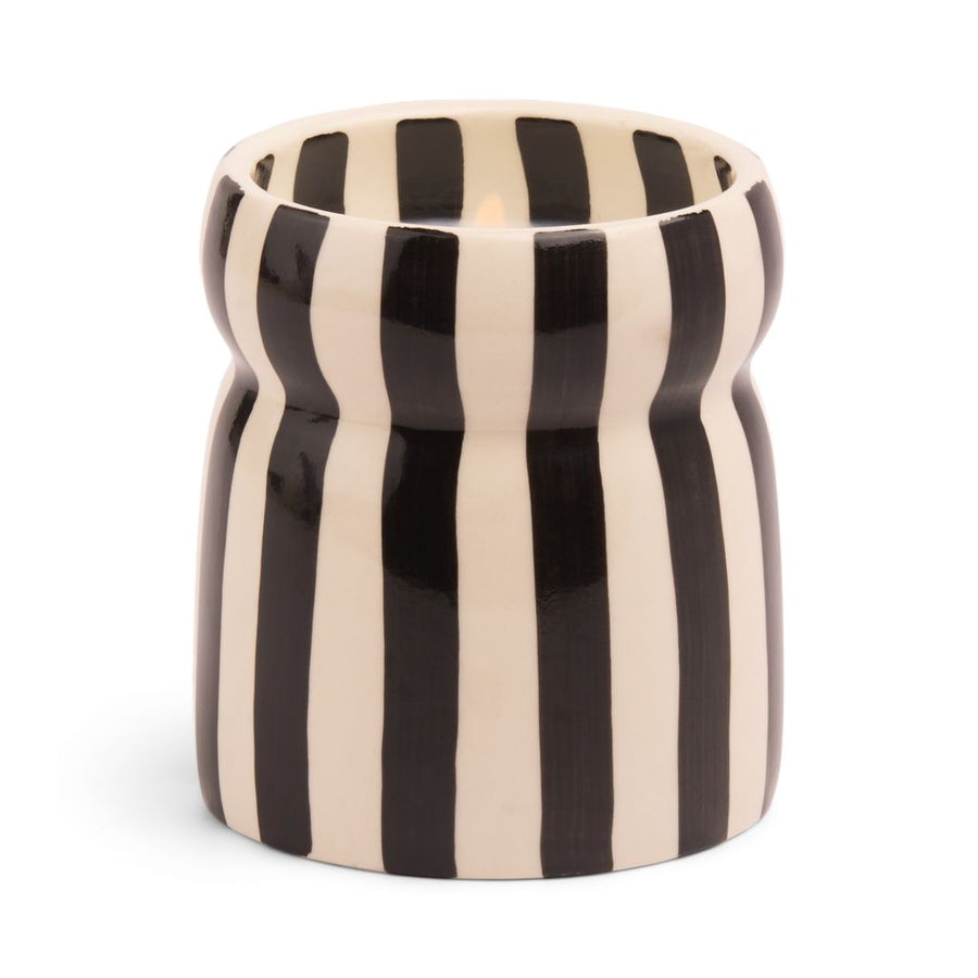Ceramic candle holder with black and white striped design on a white background