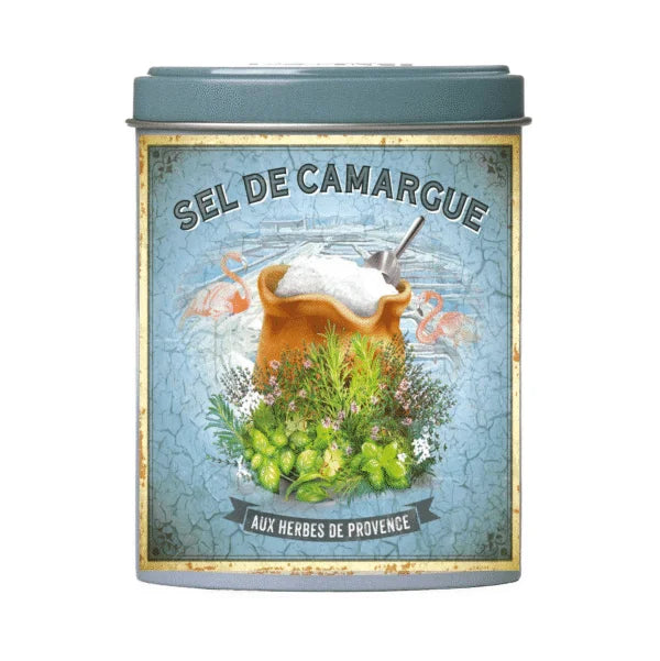 Tin of Sel de Camargue with herbs and flowers on a blue background