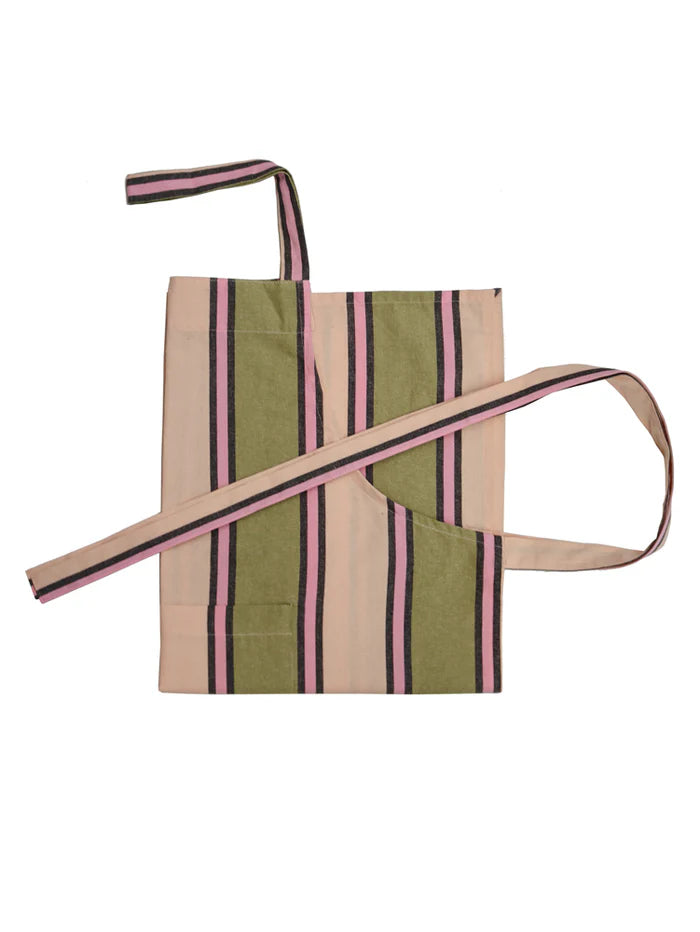 Striped apron with a green, beige, and pink pattern on a white background