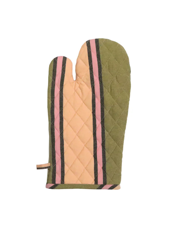 Quilted oven mitt with pink and black striped pattern on a white background