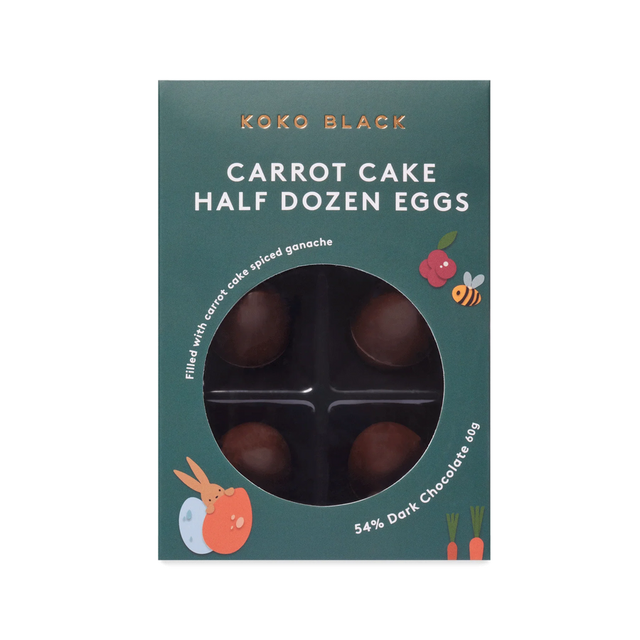 Koko Black carrot cake chocolate eggs packaging on a white background