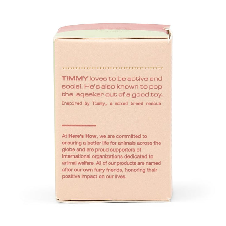 Product packaging with text about a dog named Timmy and the brand's commitment to animal welfare.