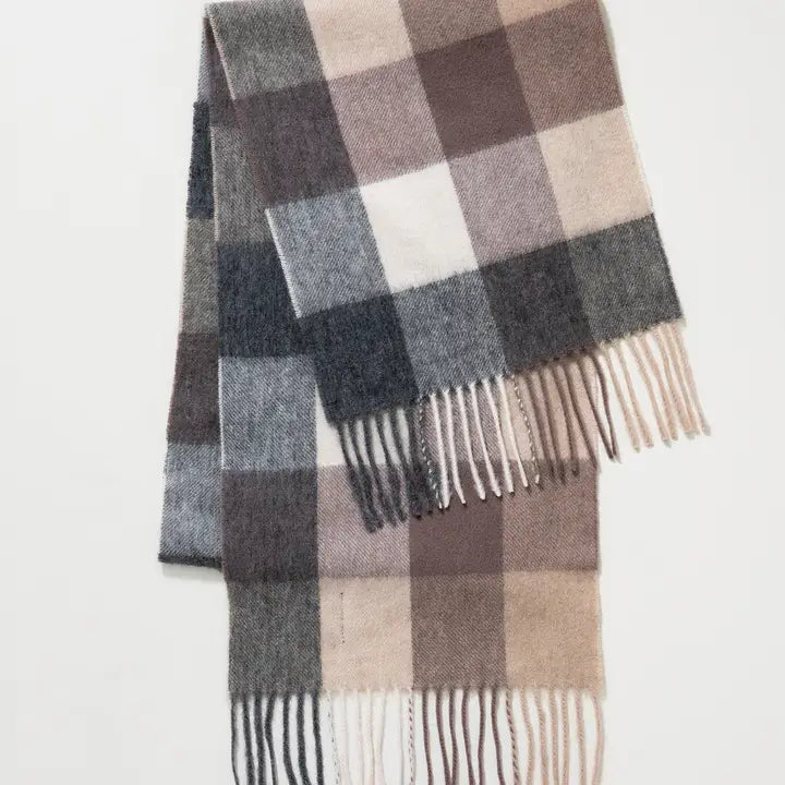 Plaid scarf with brown, gray, and beige colors on a white background