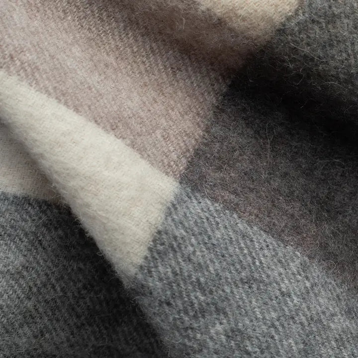Close-up of a fabric with gray, beige, and white checkered pattern