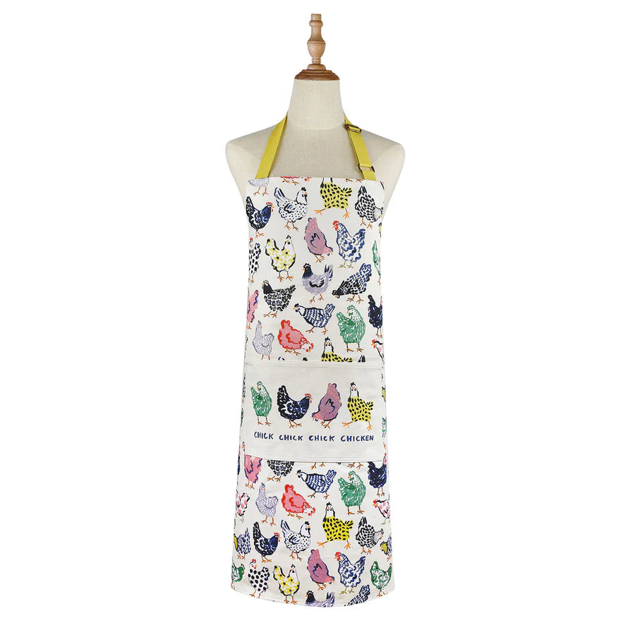 Colorful apron with chicken pattern on a mannequin against a white background