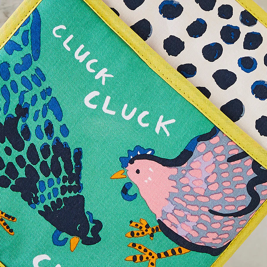 Fabric pot mitt with chicken design and &