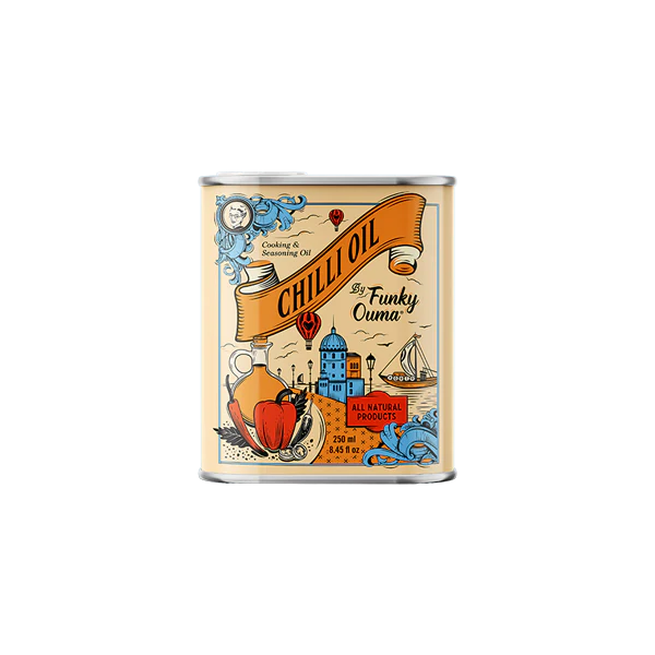 Tin of Chilli Oil by Funky Ouma on a white background