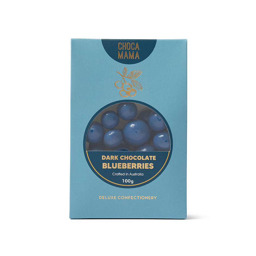 Box of Choca Mama dark chocolate blueberries on a white background