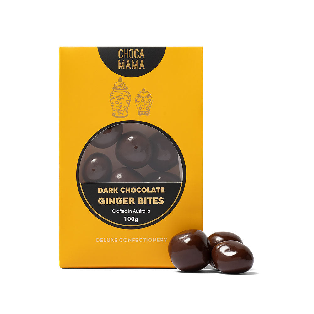 Box of ChocaMama Dark Chocolate Ginger Bites on a white background