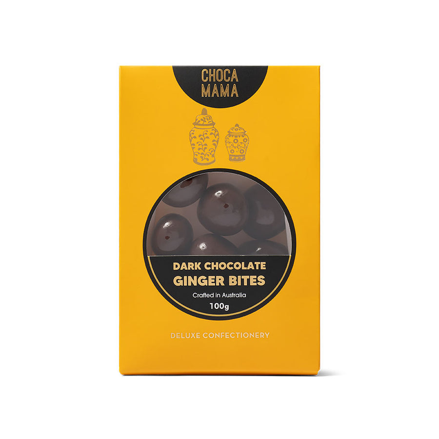 Yellow packaging of ChocaMama Dark Chocolate Ginger Bites on a white background