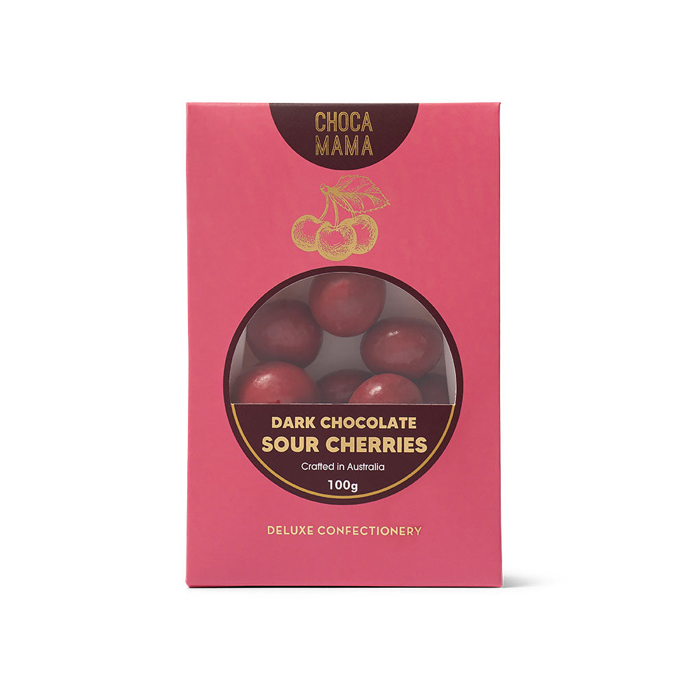 Box of Choco Mama dark chocolate sour cherries on a white background