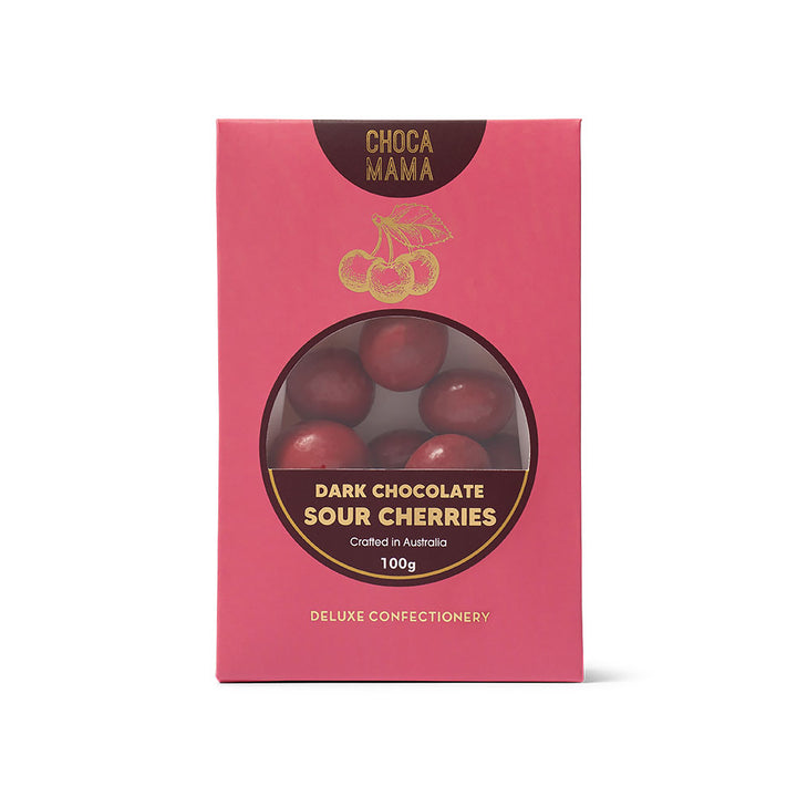 Box of Choco Mama dark chocolate sour cherries on a white background