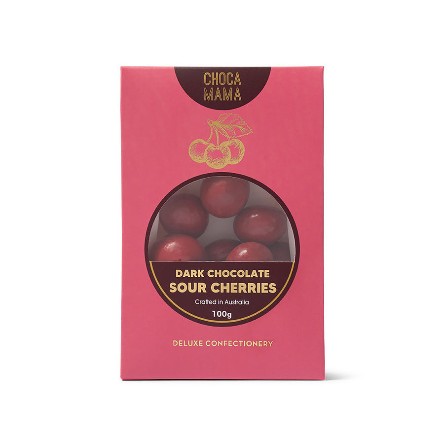 Box of Choco Mama dark chocolate sour cherries on a white background