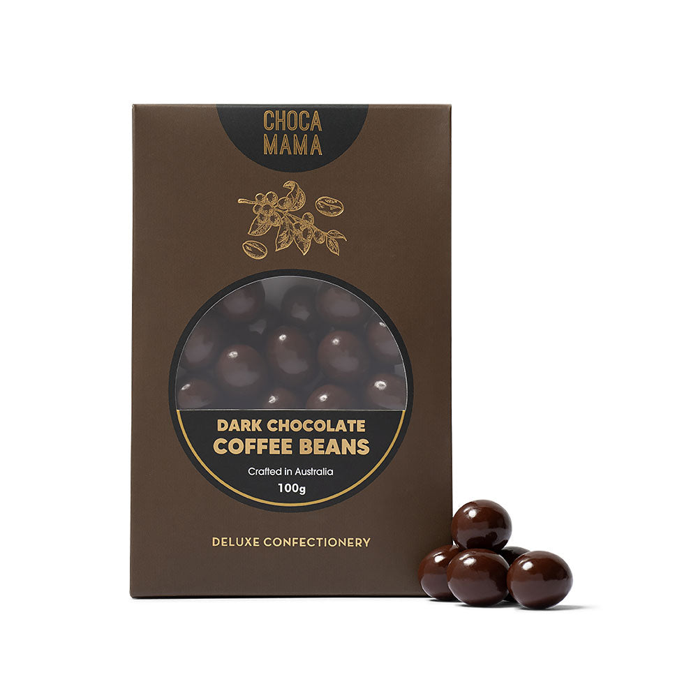 Box of Choco Mama dark chocolate coffee beans on a white background