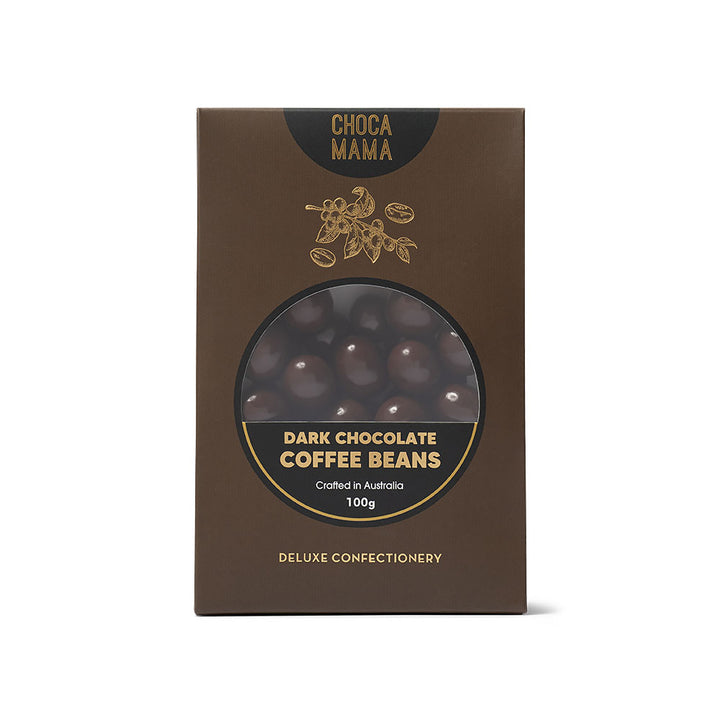 Box of Choco Mama dark chocolate coffee beans on a white background