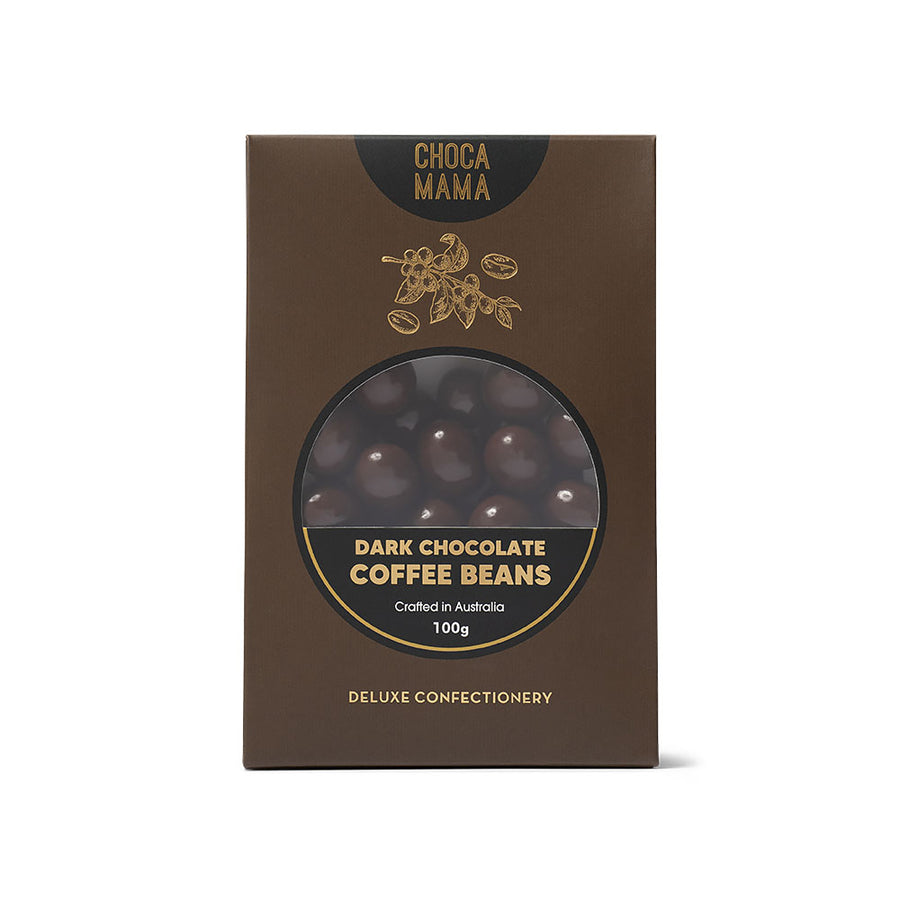 Box of Choco Mama dark chocolate coffee beans on a white background