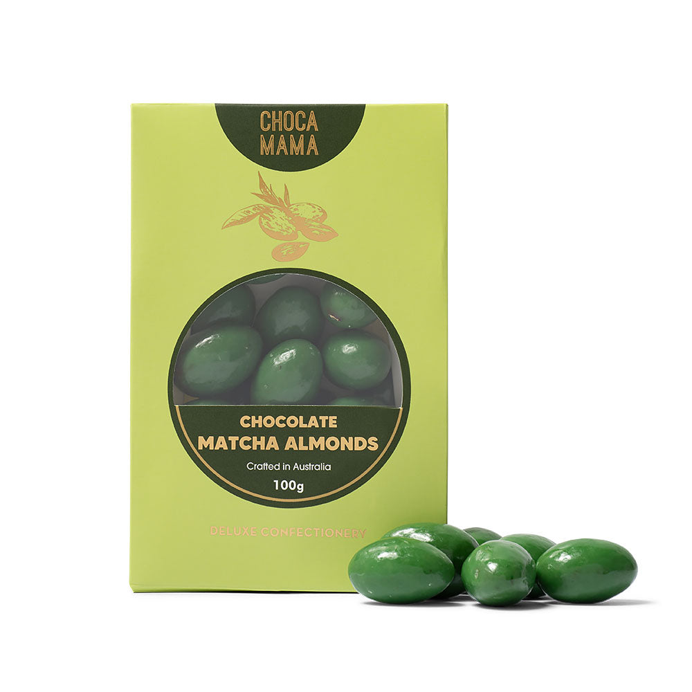 Green box of ChocaMama Chocolate Matcha Almonds on a white background