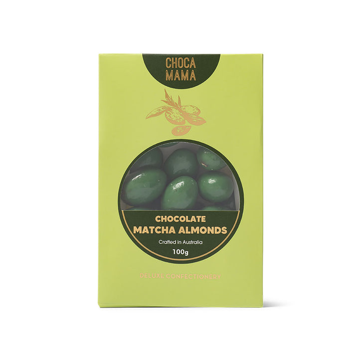 Box of ChocaMama Chocolate Matcha Almonds on a white background