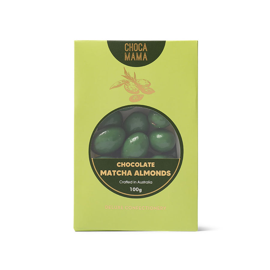 Box of ChocaMama Chocolate Matcha Almonds on a white background