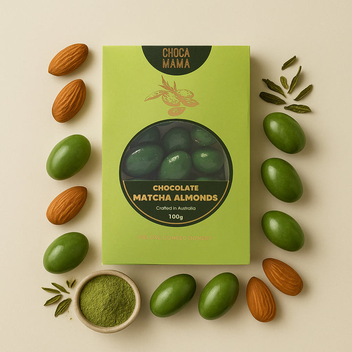 Box of Choco Mama Chocolate Matcha Almonds with almonds and matcha powder on a beige background