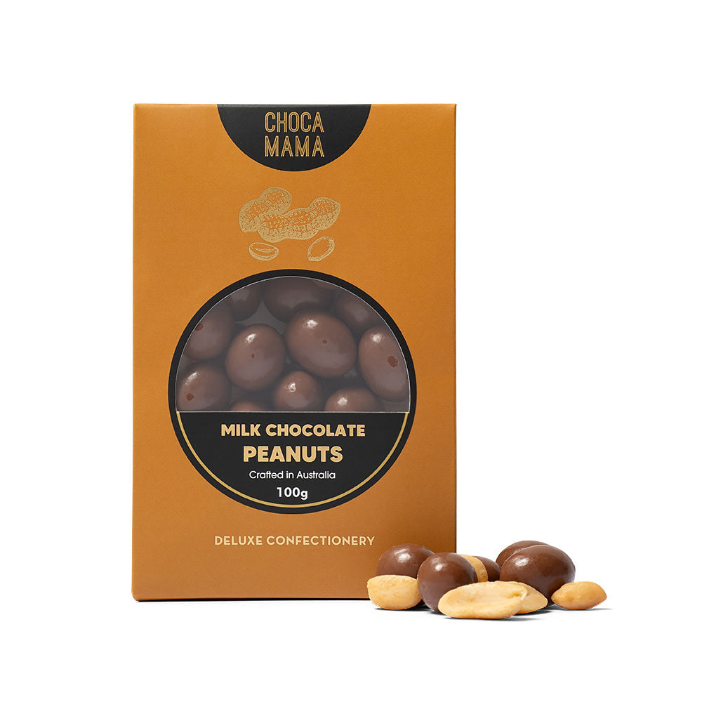 Box of ChocaMama milk chocolate peanuts on a white background