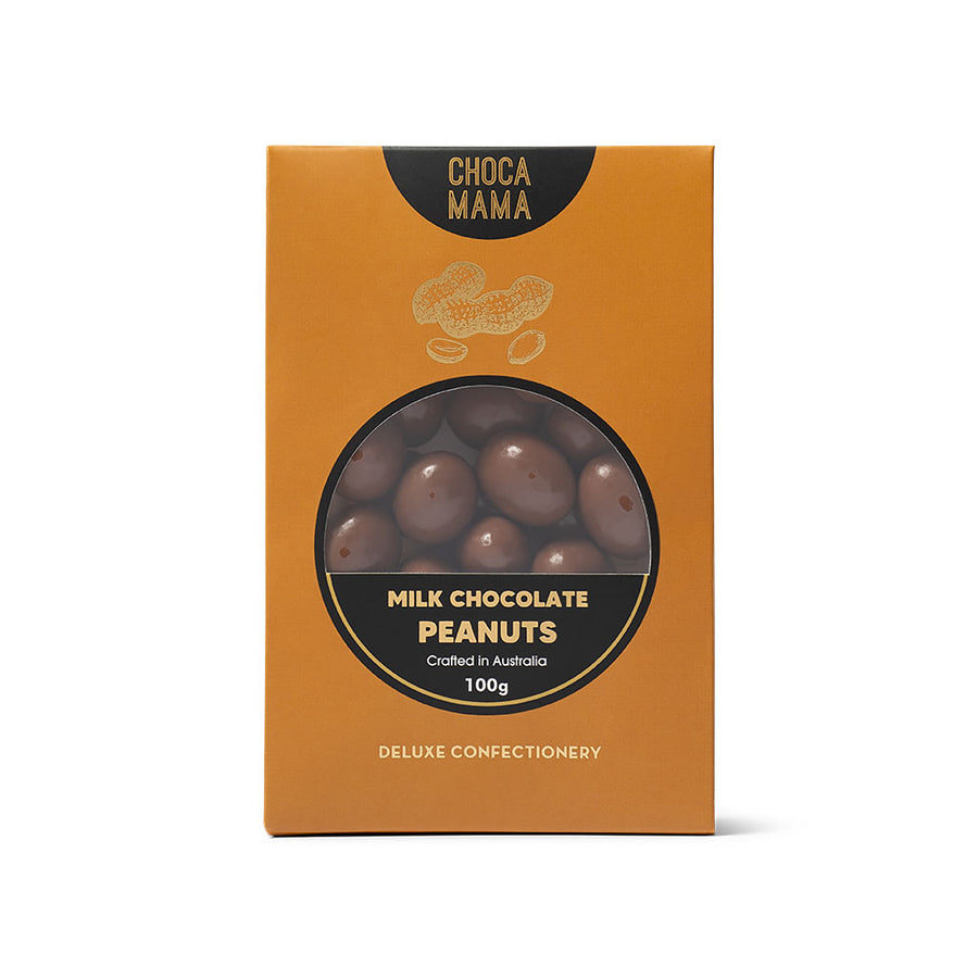 Box of ChocaMama milk chocolate peanuts on a white background
