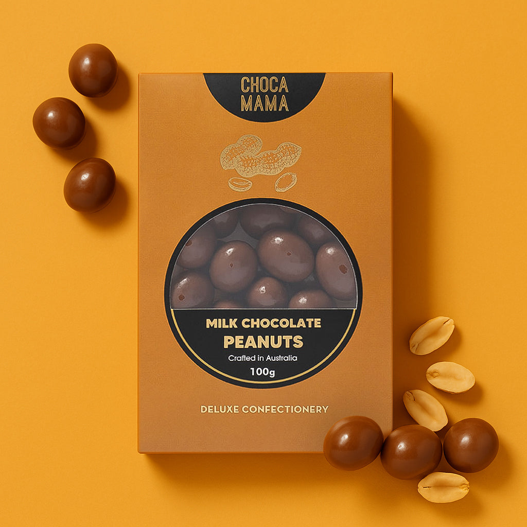 Box of ChocaMama milk chocolate peanuts on an orange background