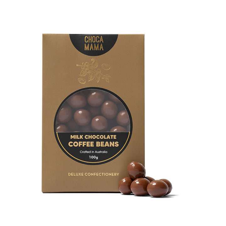 Box of ChocaMama milk chocolate coffee beans on a white background