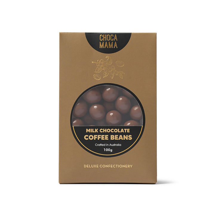 Box of ChocaMama milk chocolate coffee beans on a white background