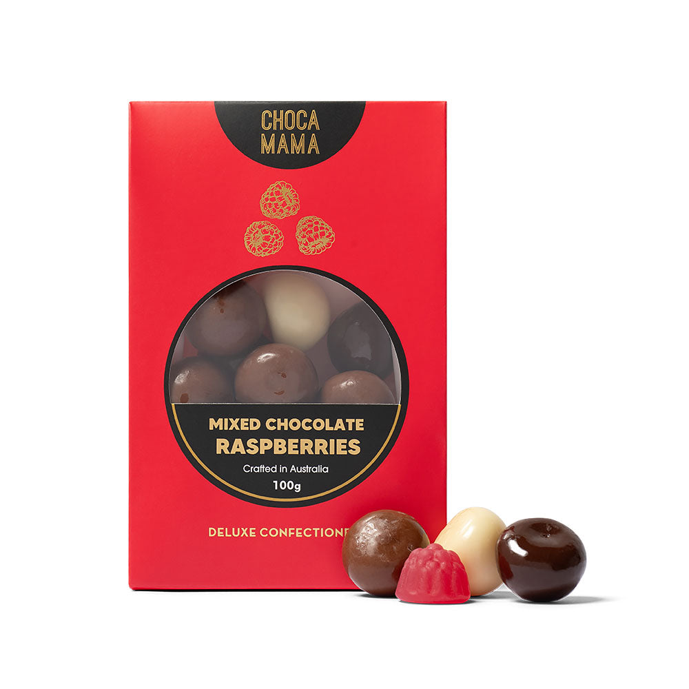 Red box of Choca Mama mixed chocolate raspberries on a white background