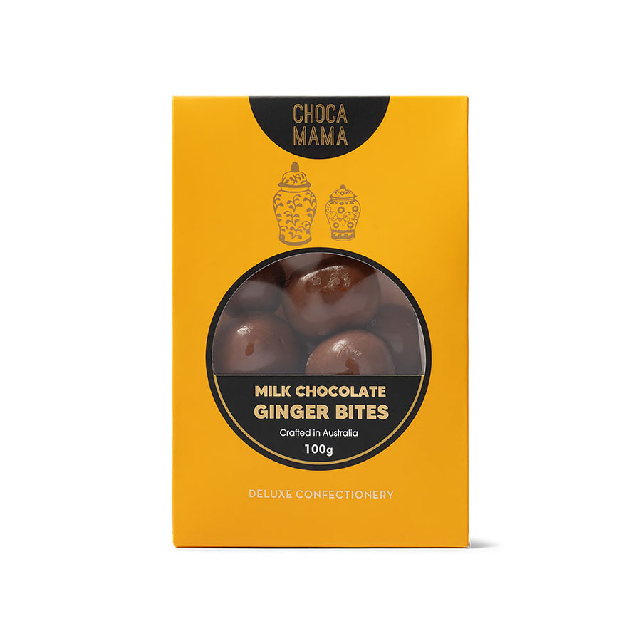 Box of ChocaMama Milk Chocolate Ginger Bites on a white background