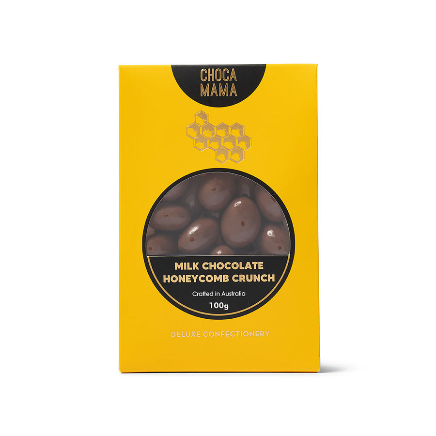 Yellow packaging of ChocaMama milk chocolate honeycomb crunch on a white background