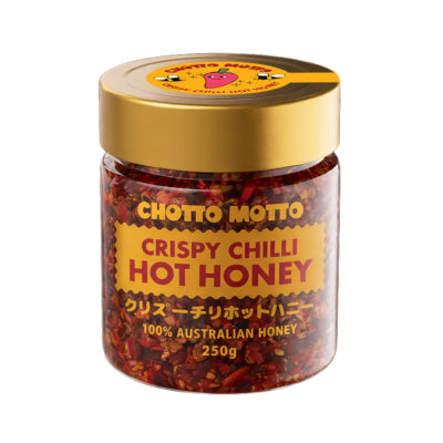 Jar of Chotto Motto Crispy Chilli Hot Honey on a white background