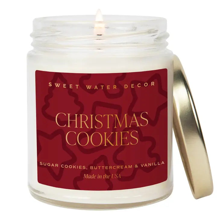 Candle in a jar with a red label reading 'Christmas Cookies' by Sweet Water Decor.