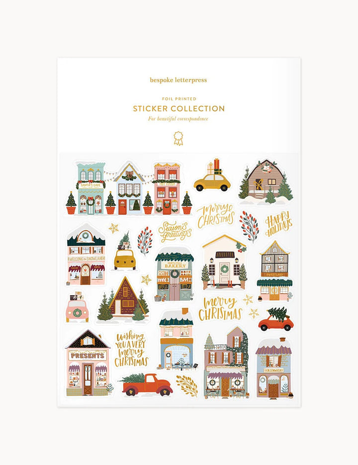 Sticker collection with festive village scene on a white background