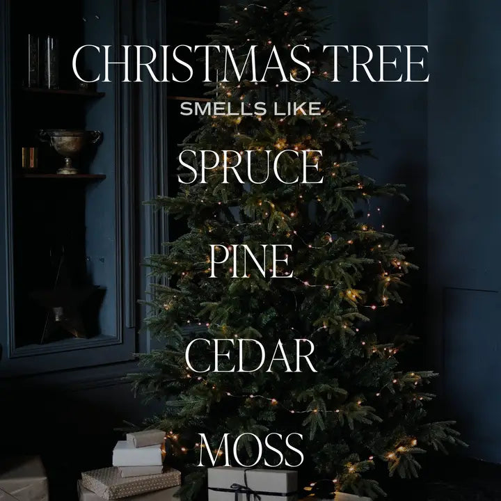 Decorated Christmas tree with text listing scents on a dark background