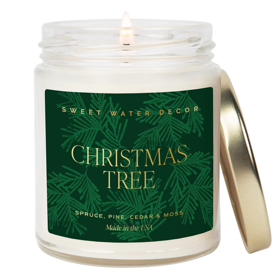 Candle in a jar with a 'Sweet Water Decor Christmas Tree' label on a white background