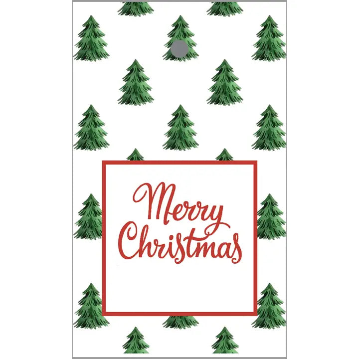 Christmas gift tag with green trees and 'Merry Christmas' text on a white background