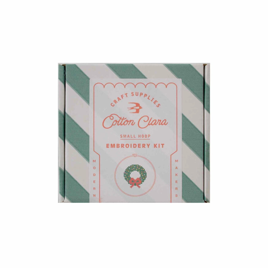 Cotton Clara embroidery kit packaging with green and white striped design