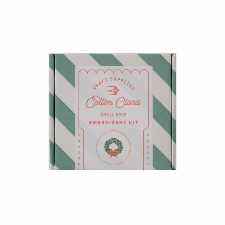 Cotton Clara embroidery kit packaging with green and white striped design