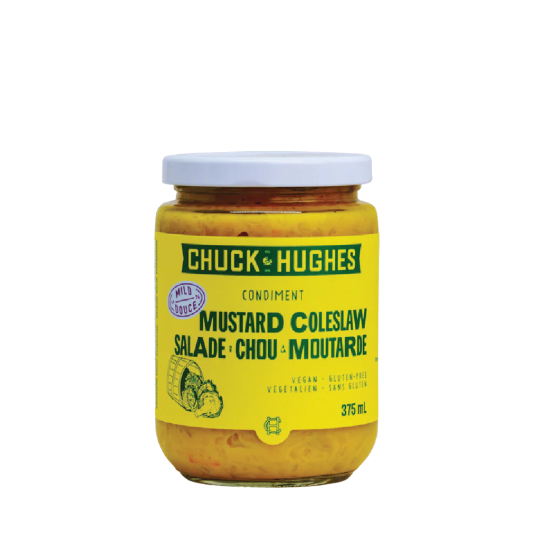 Jar of Chuck Hughes Mustard Coleslaw on a white background