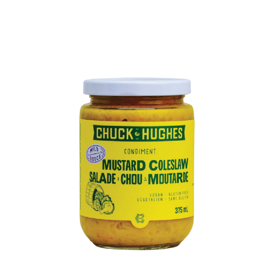 Jar of Chuck Hughes Mustard Coleslaw on a white background