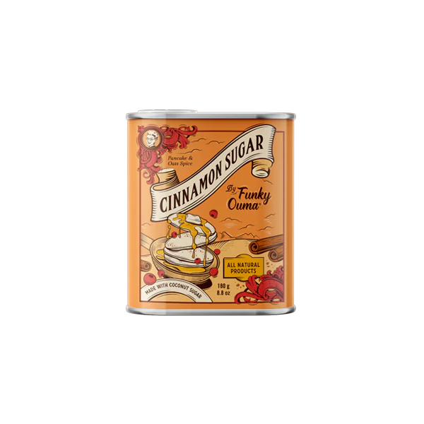 Can of cinnamon sugar by Funky Ouma on a white background