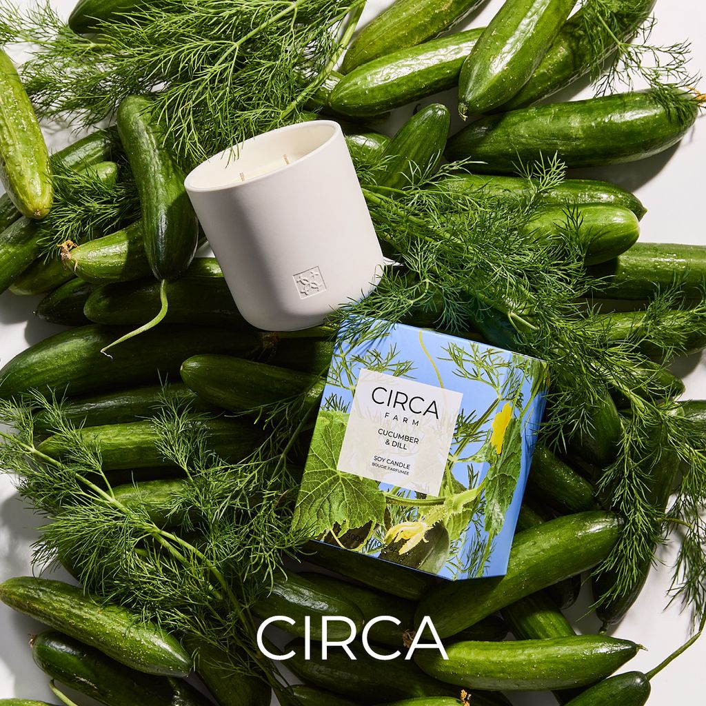 Cucumbers with dill and a 'Circa' product on a white background